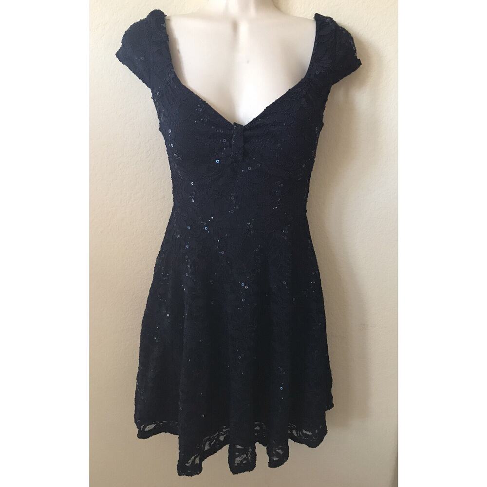 Yellow Star Blue Sequin Lace Overlay Fit & Flare Cap Sleeve Women's Dress Size S